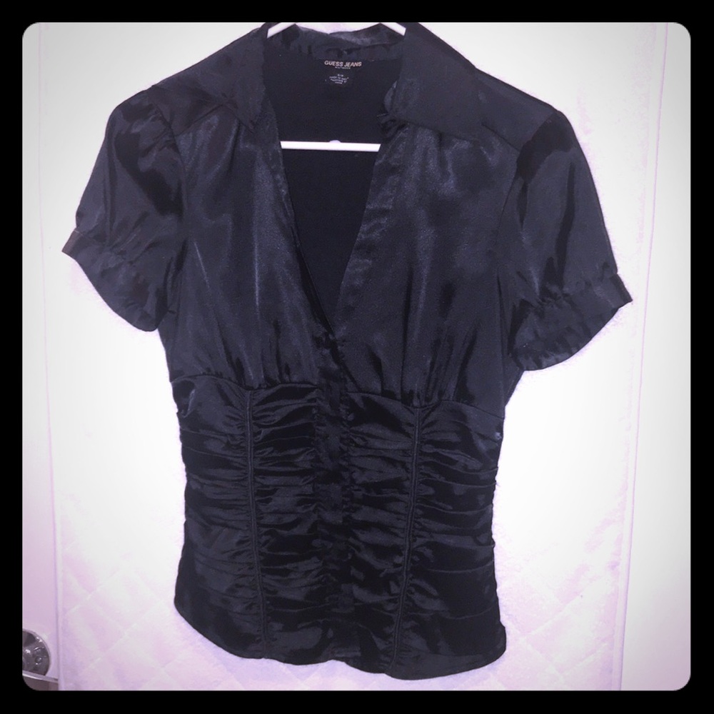 Guess brand short sleeve black satin-like blouse