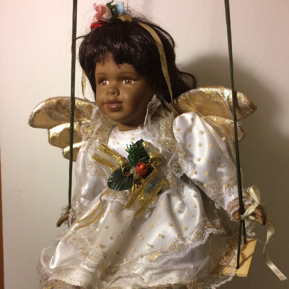 Christmas Angel Porcelain Doll On Swing.