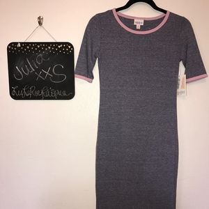 LuLaRoe Julia. Solid gray with pink trim