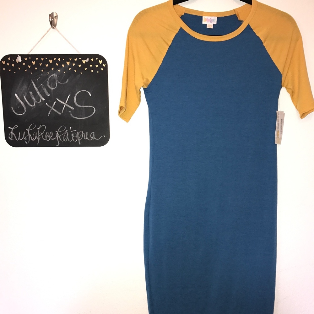 LuLaRoe Julia Dress. Yellow and blue, baseball