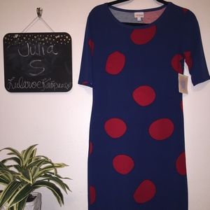 LuLaRoe Julia. Blue with red polka dots