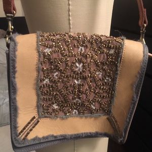 Beaded leather and canvas handbag