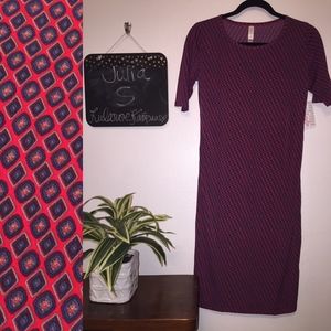 LuLaRoe Julia. Red with blue pattern