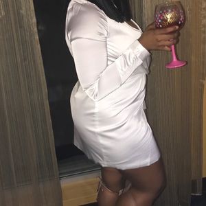 White Silk Deep Cut Dress with side slit