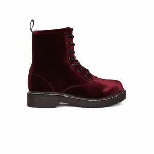 Burgundy Velvet Combat Boots