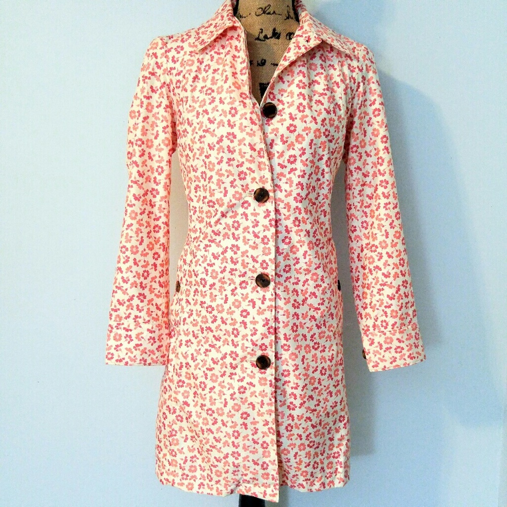Lands' End Pink & Coral Flower Trench Coat XS