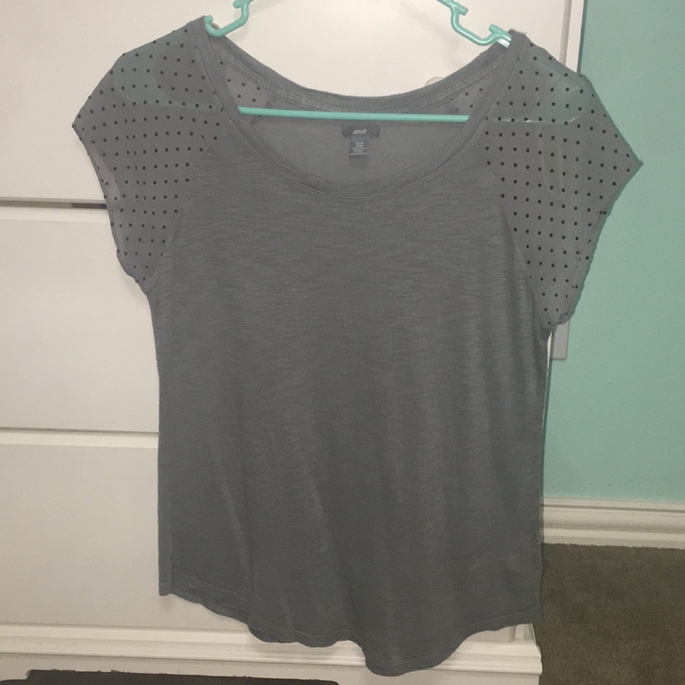 Grey Aerie Top with Grey & Navy Polka Dot Sleeves