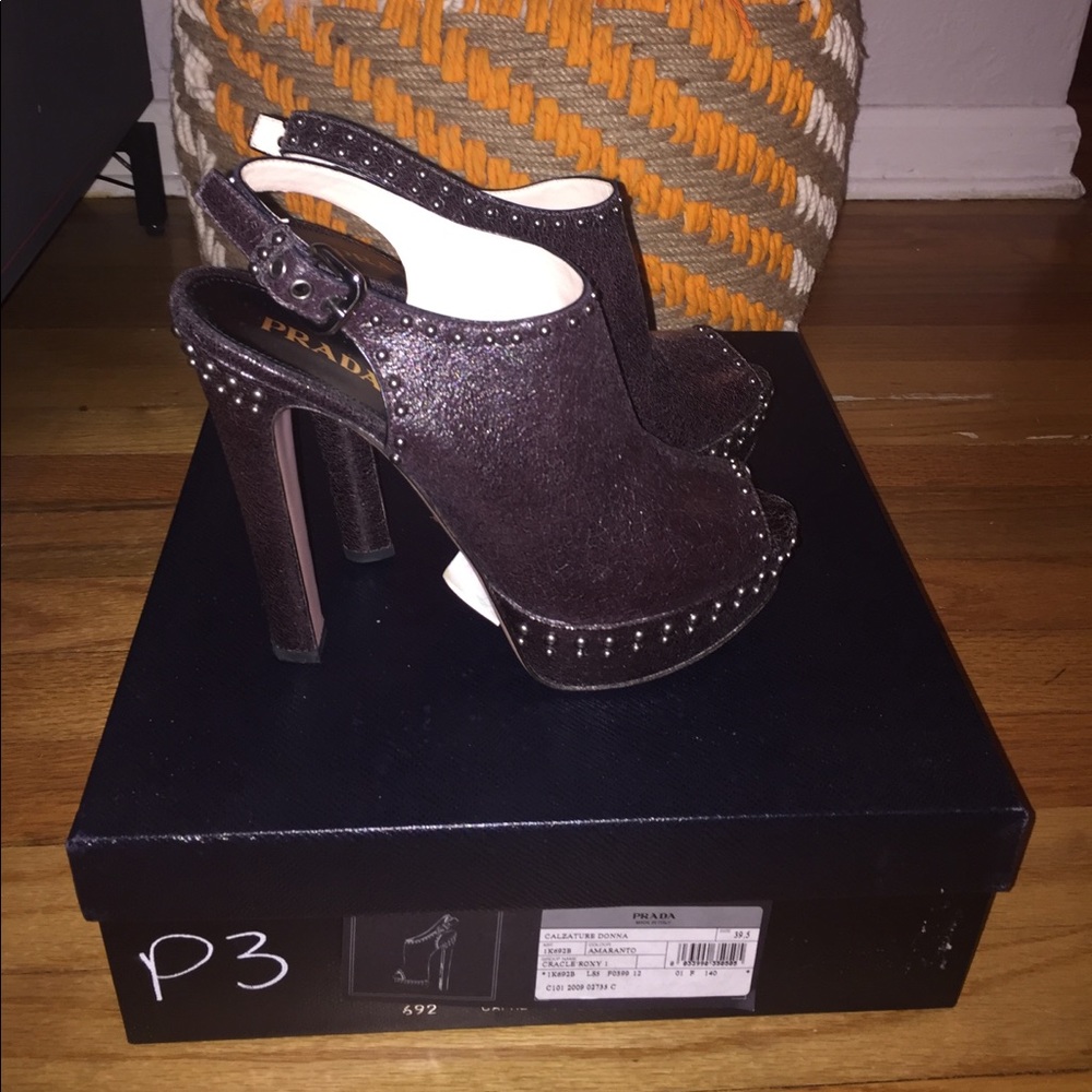 PRADA crackle roxy peep toe gladiator platforms Rare! 39 1/2 NIB