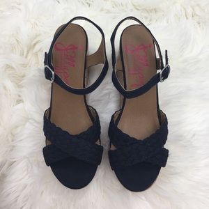 Brand new, navy, braided wedges