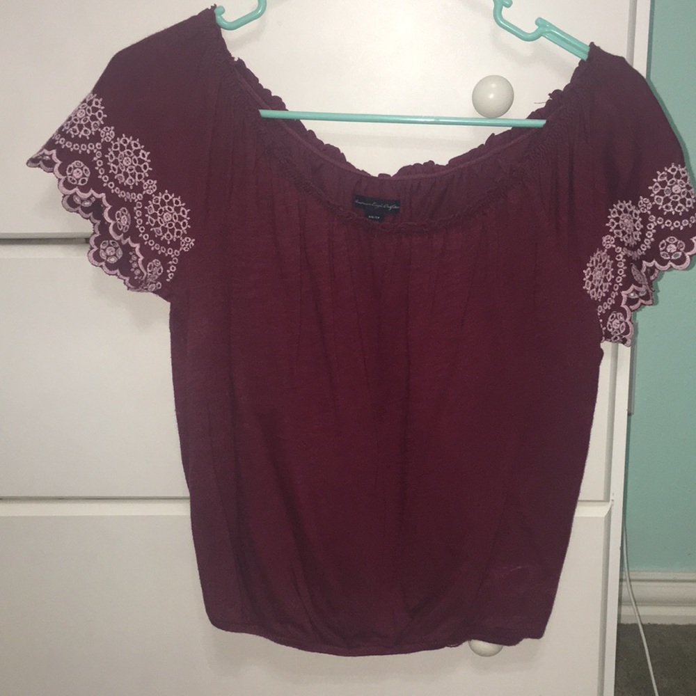 Maroon Blouse with Pale Pink Sleeve Embroidery