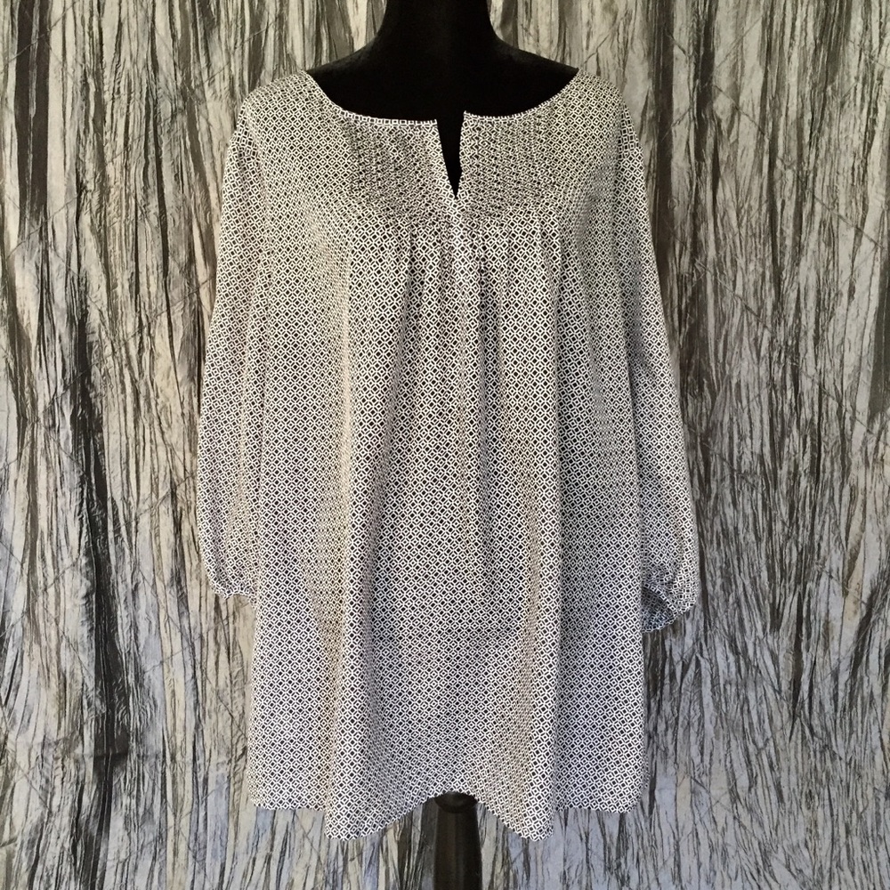 LOFT Navy Geo Print Split Neck Blouse