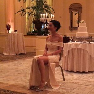 Off the shoulder side split ivory prom dress