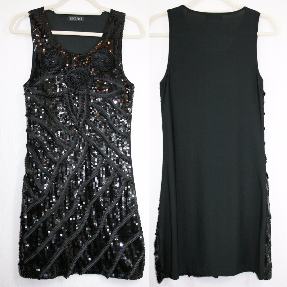 Sequin & Rosette Embellished Couture Black Dress