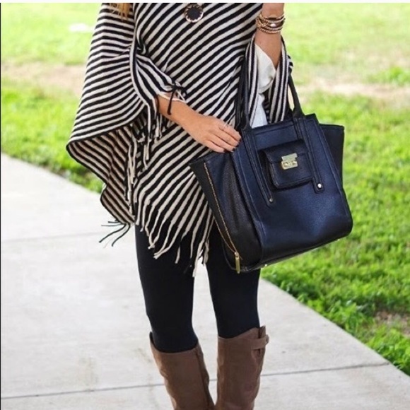 NEW Striped, fringed poncho black and white - Picture 3 of 3