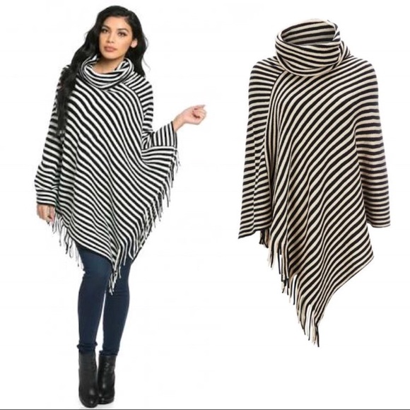 NEW Striped, fringed poncho black and white - Picture 2 of 3