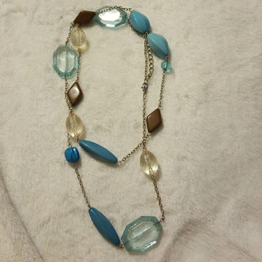 Long blue and brown large bead necklace