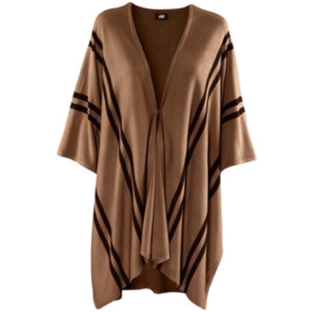 H&M Brown Black Knit Stripe Poncho Wrap Shawl Cape - Picture 2 of 6