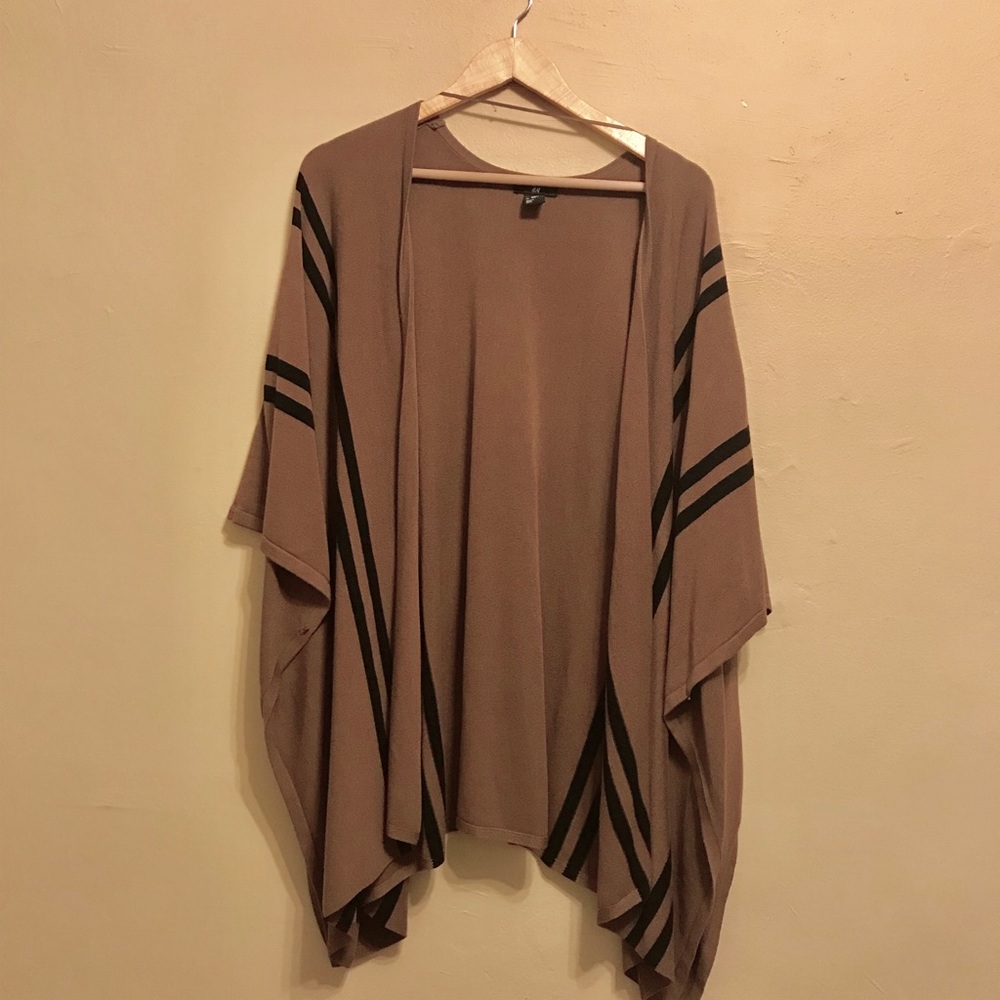 H&M Brown Black Knit Stripe Poncho Wrap Shawl Cape - Picture 3 of 6