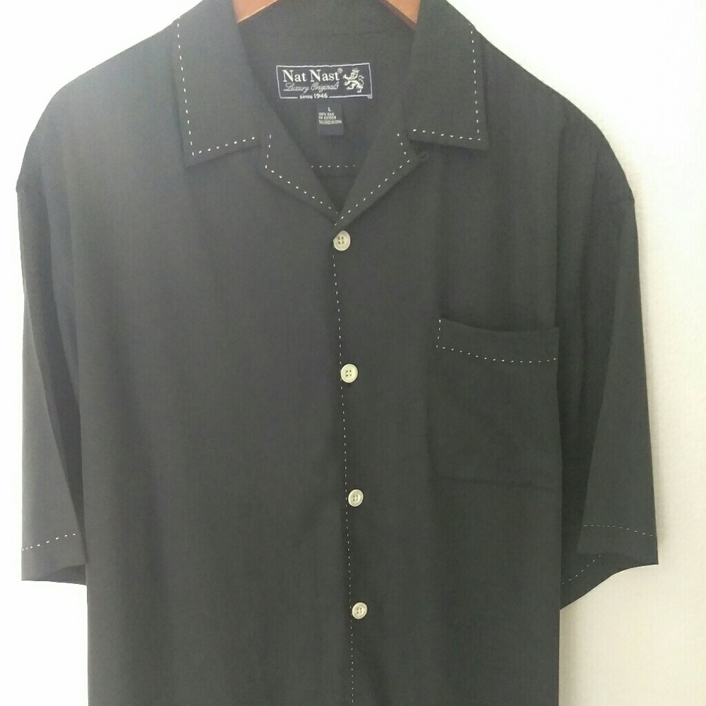 Nat Nast Mens Size Large Black Silk Hawaiian Shirt