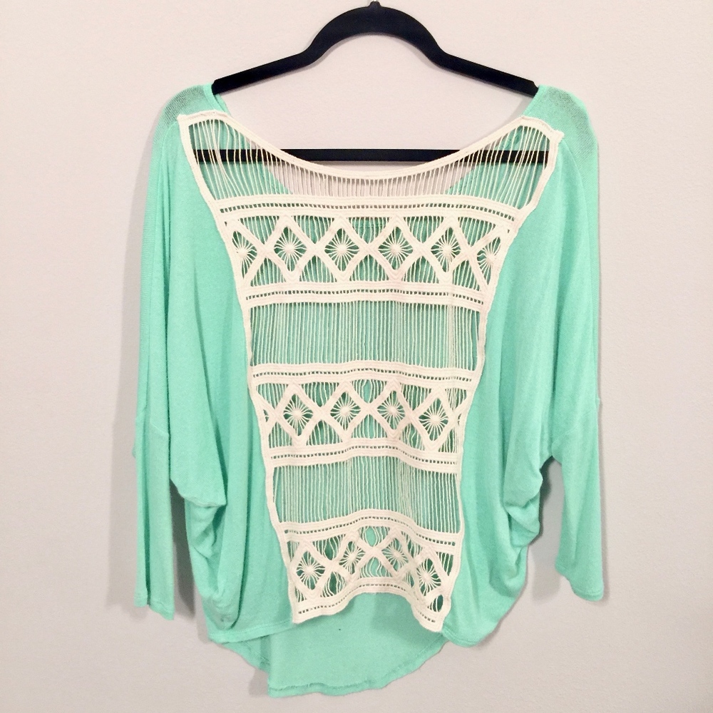 Francesca's Green Knit top Crochet back