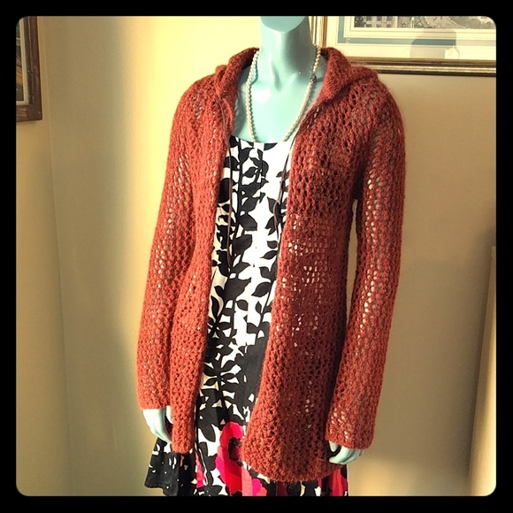 Vintage Sweaters - Vintage Orange Mohair Hooded Cardigan
