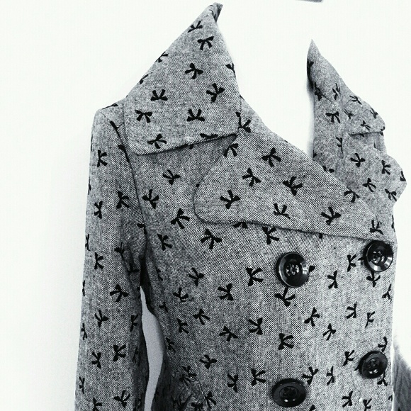 Moon Collection Jackets & Blazers - Lt Tweed Grey & Black Bow Double Breasted Pea Coat