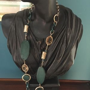 Chico's long gold tone green & crystal necklace