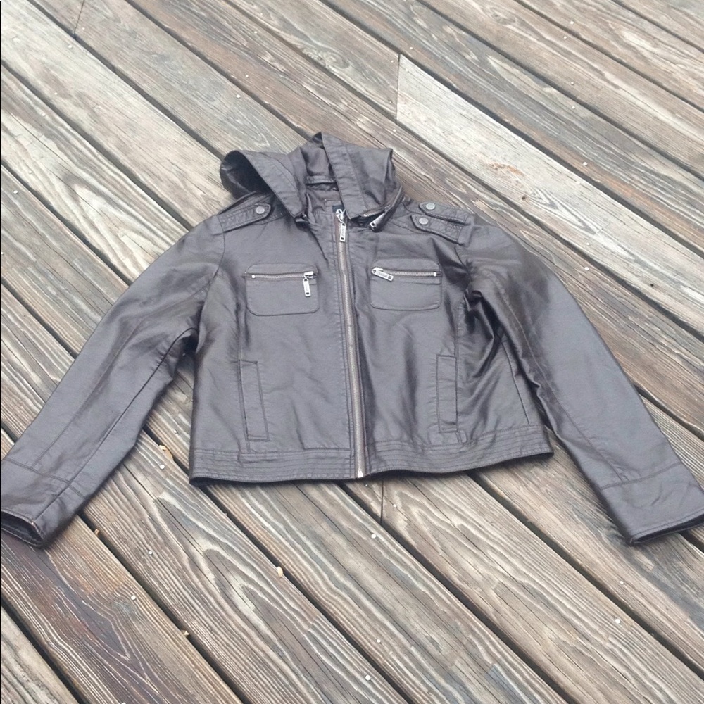 Brown Faux Leather Jacket with Detachable Hood !