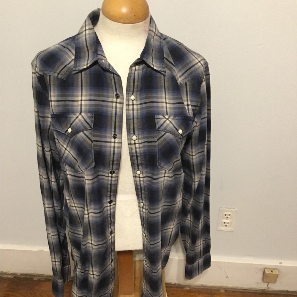 Plaid A&E button down top
