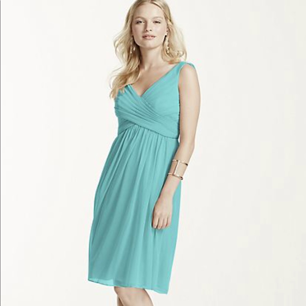 Short Mesh Bridesmaid Dress with Cowl Back - Spa
