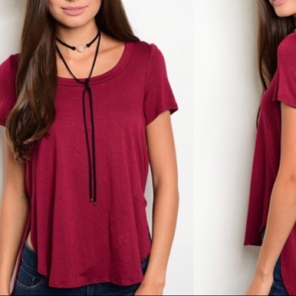 🆕🇺🇸Burgundy Short Sleeves Side Slit Tee