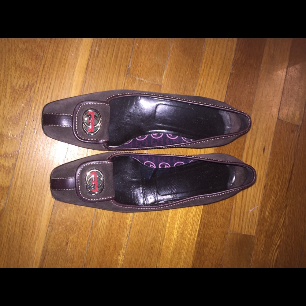 Gucci shoes. chocolate-brown suede with GG' logo.
