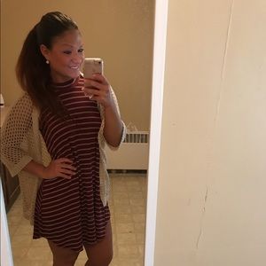 Burgundy striped dress, & tan cardigan