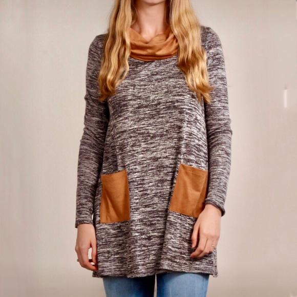 "Ema" Marled Suede Pocket Sweater Tunic - Picture 2 of 3