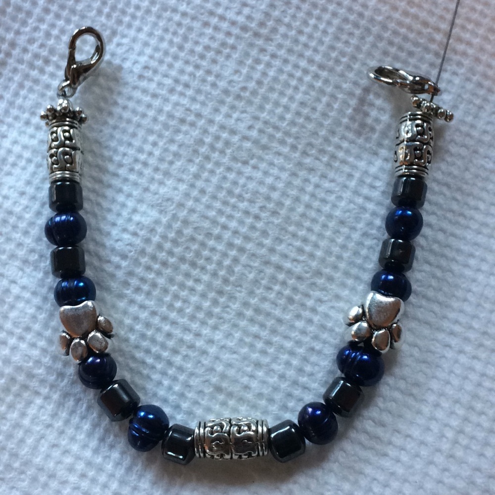 Dog Paw Blue and Hematite Medical ID Bracelet