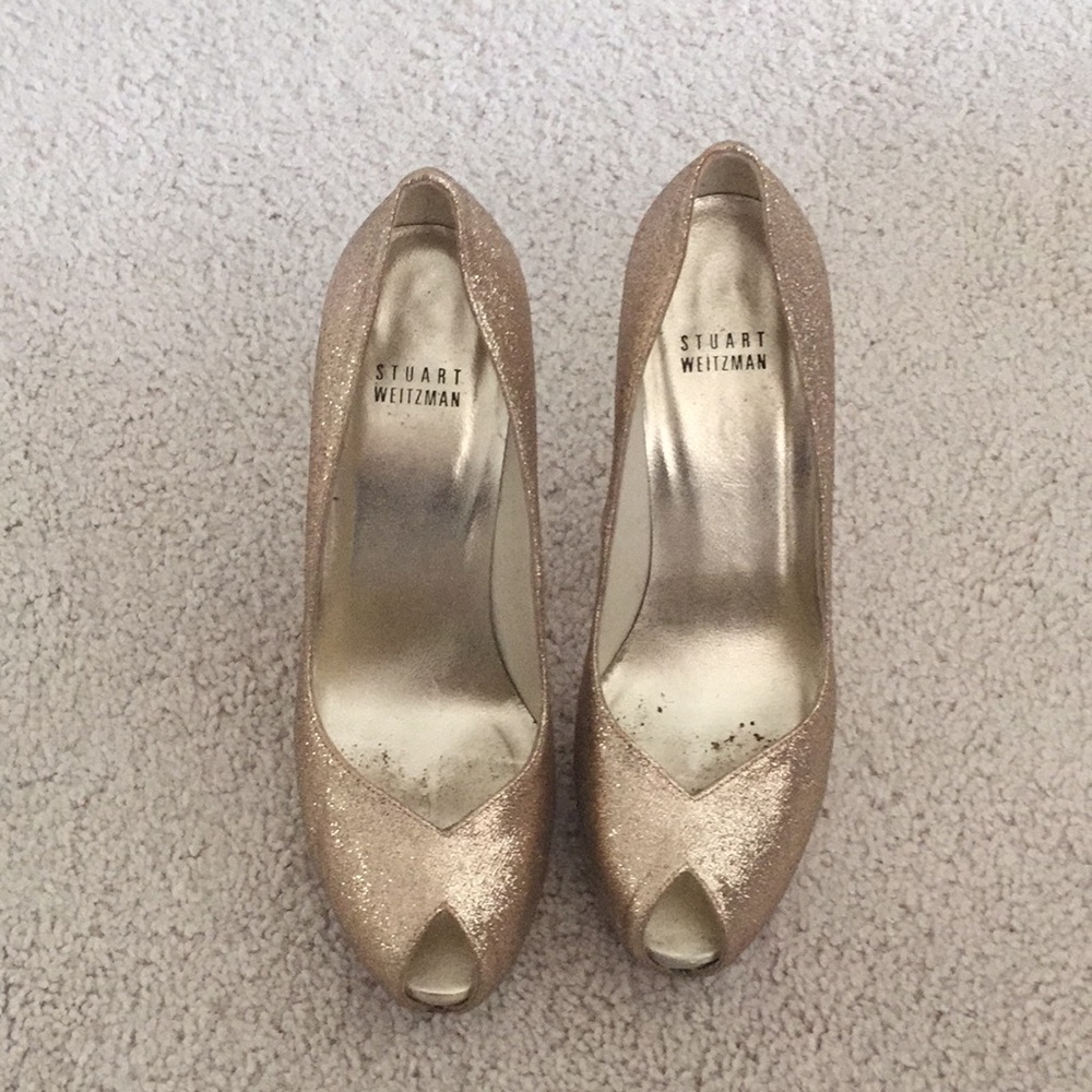 Stuart Weitzman Gold Glitter peep toe platforms