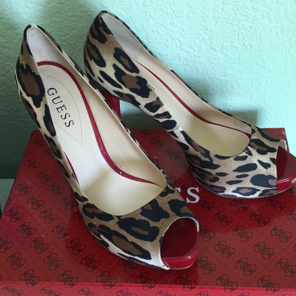 Guess Leopard Print Peep Toe Stilettos
