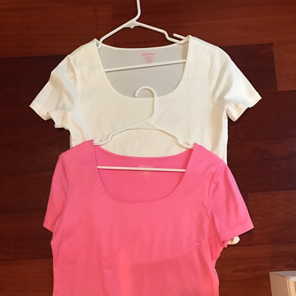 Two Lilly Pulitzer shirts, one white, one hot pink
