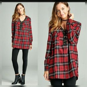 Red Plaid Lace Up Front Top with Longsleeves