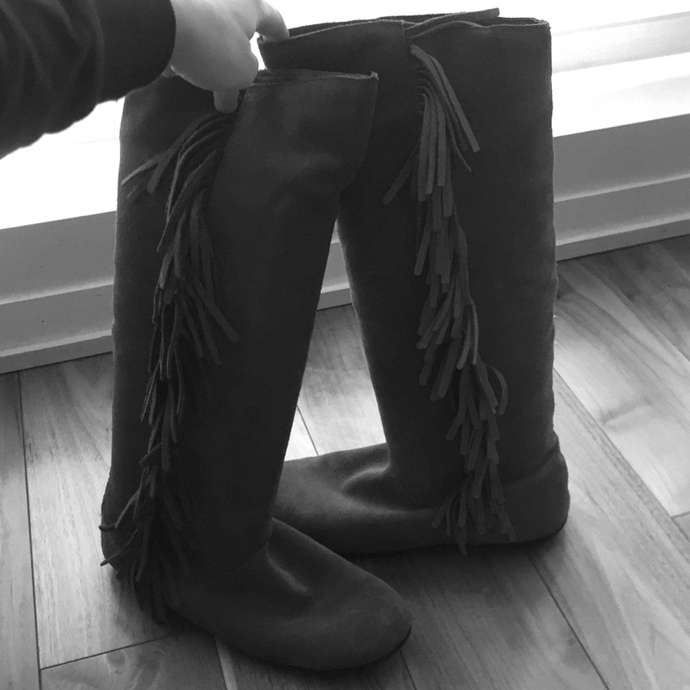 suede knee high boots with fringe on side seam