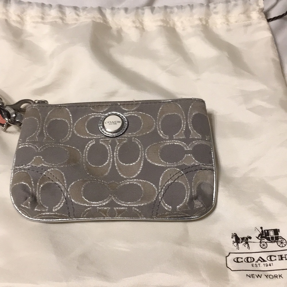 Coach grey metallic wristlet