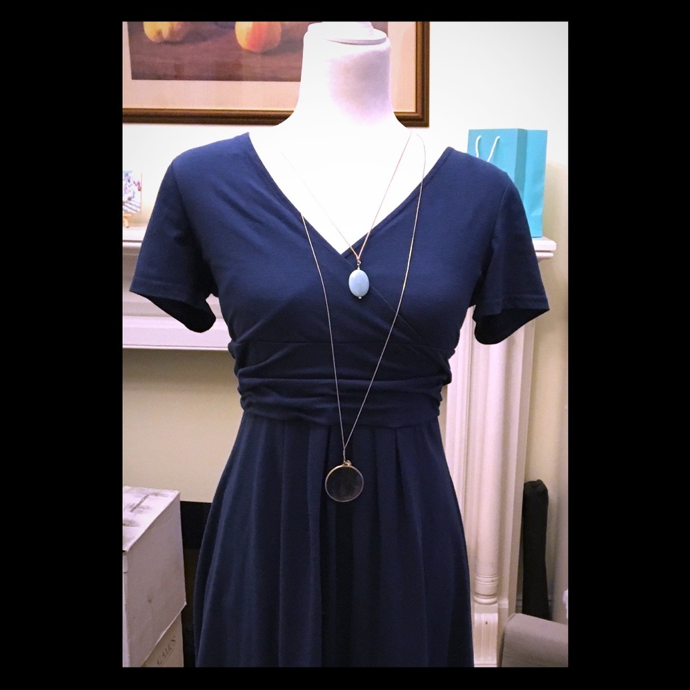 Navy V neck dress.