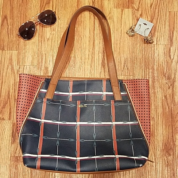 Handbags - Tote Bag Blue Brown Orange Faux Leather Pattern