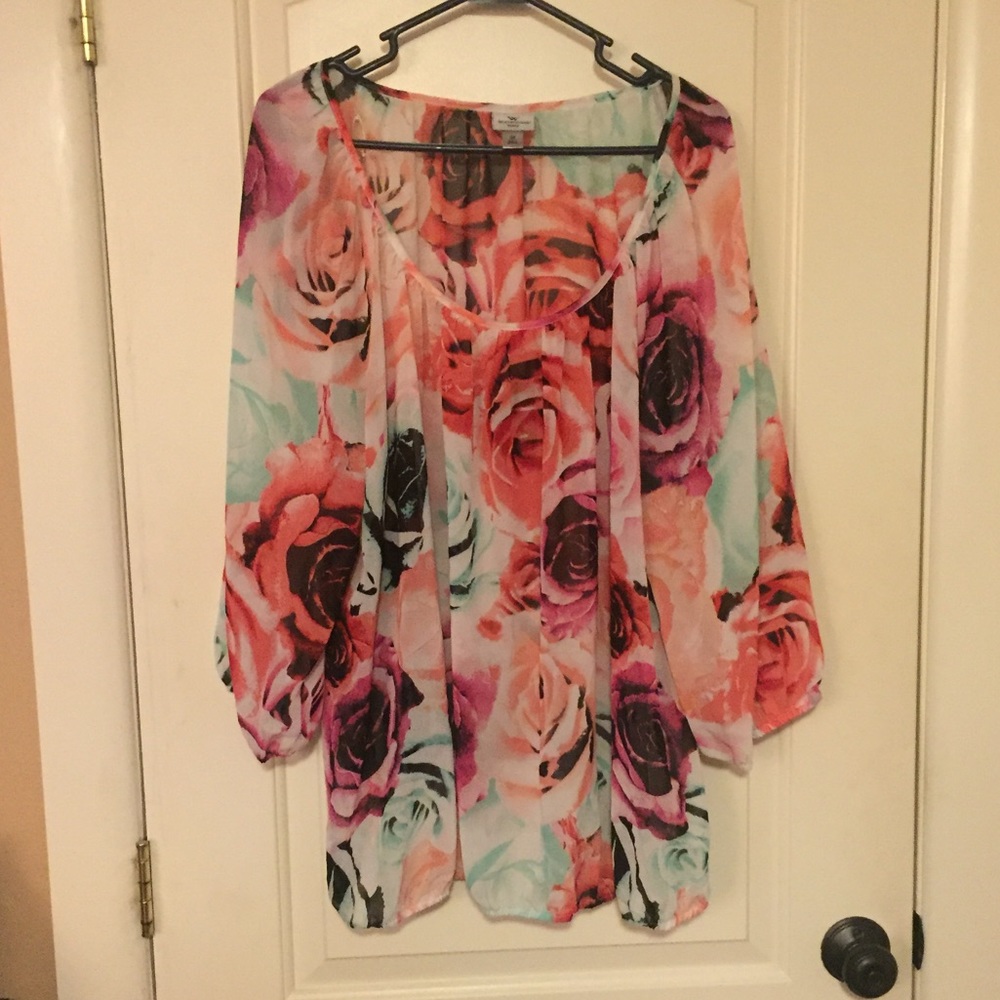 Watercolor flowers 3/4 sleeve sheer blouse