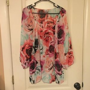 Watercolor flowers 3/4 sleeve sheer blouse