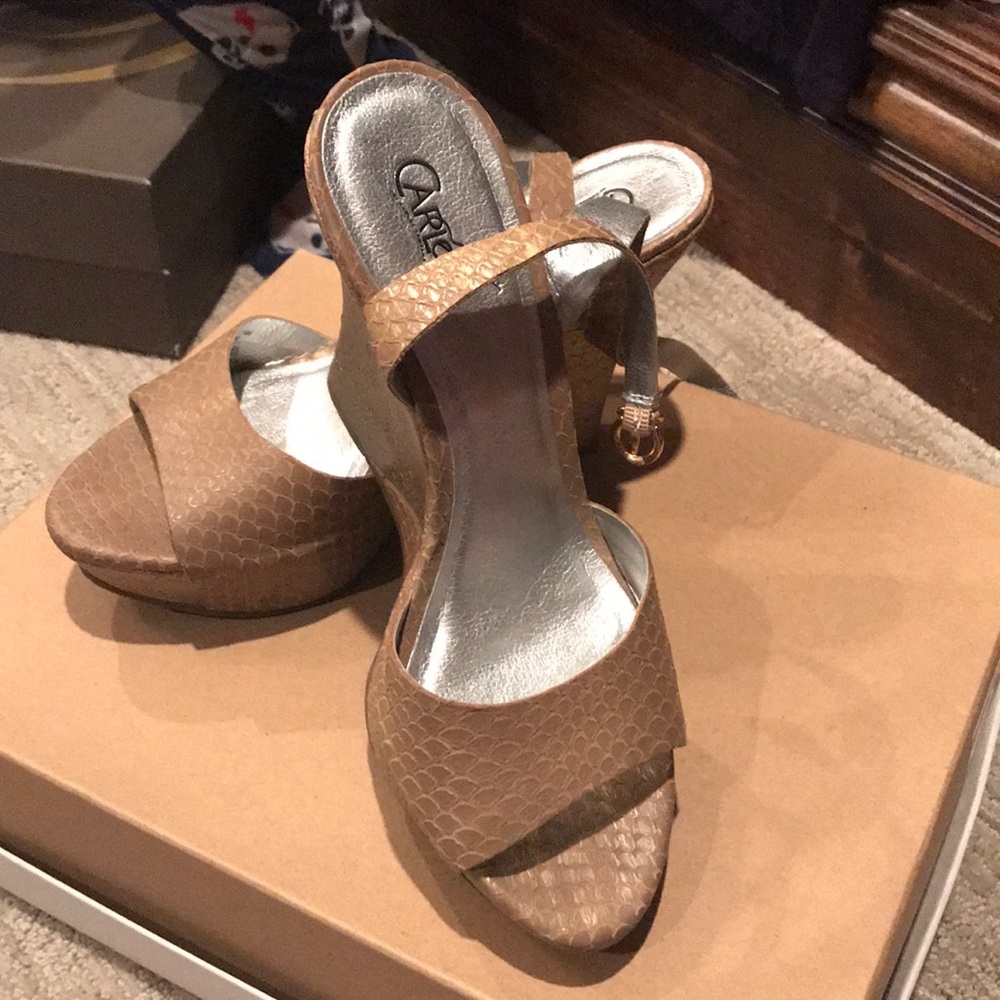 Carlos by Carlos Santana Gold & Taupe wedges.