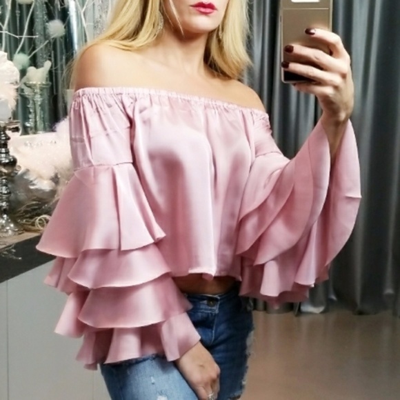 BLUSH PINK OFF SHOULDER RUFFLED DETAILED TOP - Picture 3 of 4