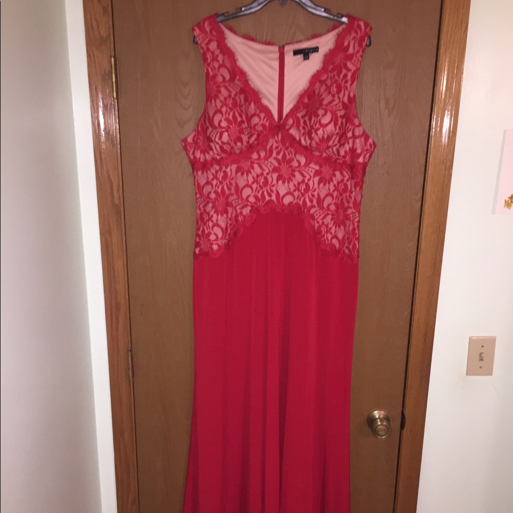 Red floor length dress with lace top