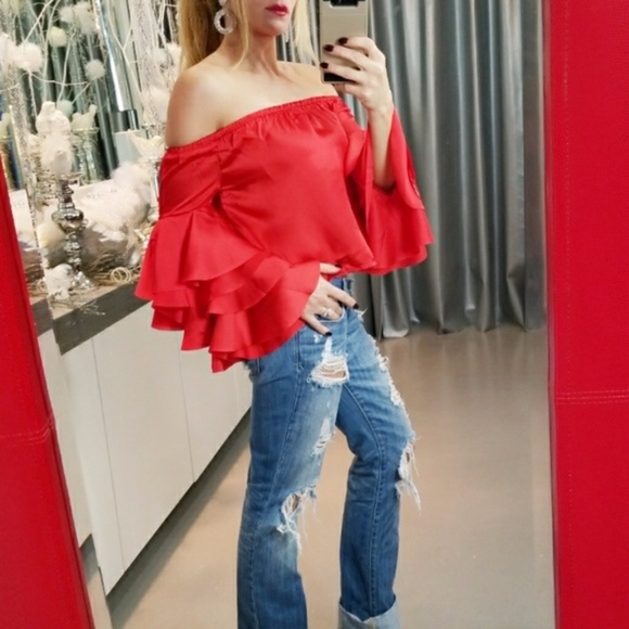 SASSY RED OFF SHOULDER RUFFLED SLEEVED TOP - Picture 2 of 4