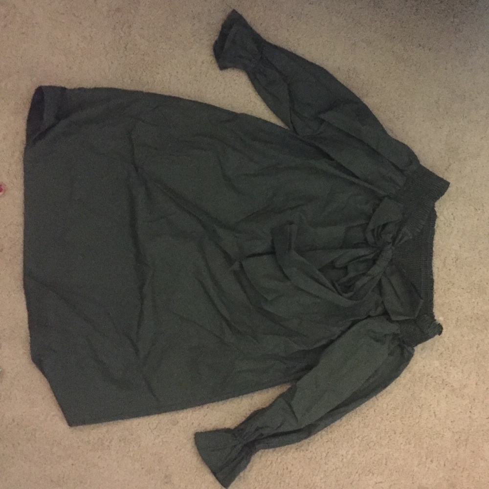 Army green off the shoulder dress w bow on front